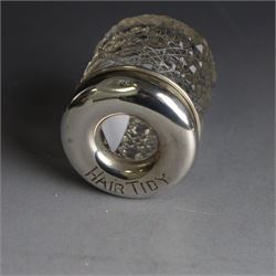 Edwardian silver fall-front ring box with loop handle, opening to reveal velvet interior with five ring spaces, hallmarked Deakin & Francis, Birmingham 1907, together with a cut glass jar with silver lid inscribed 'Hair Tidy' and a silver mounted capstan inkwell, both hallmarked 