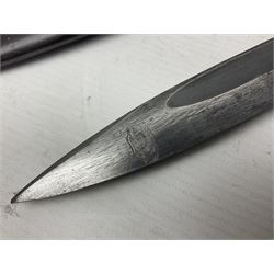 WWII German K98 Mauser bayonet by E. & F. Horster, the 24.5cm fullered blade marked 43aSW for 1943, numerous inspection marks to blade and pommel, bakelite grips and bluing to metal parts; in steel scabbard with corresponding numbers and leather frog L42cm overall