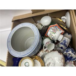 Sadler Celery face pot, Noritake planter, Ringtons blue and white jar, Royal commemorative ware, and a collection of other ceramics, in two boxes 