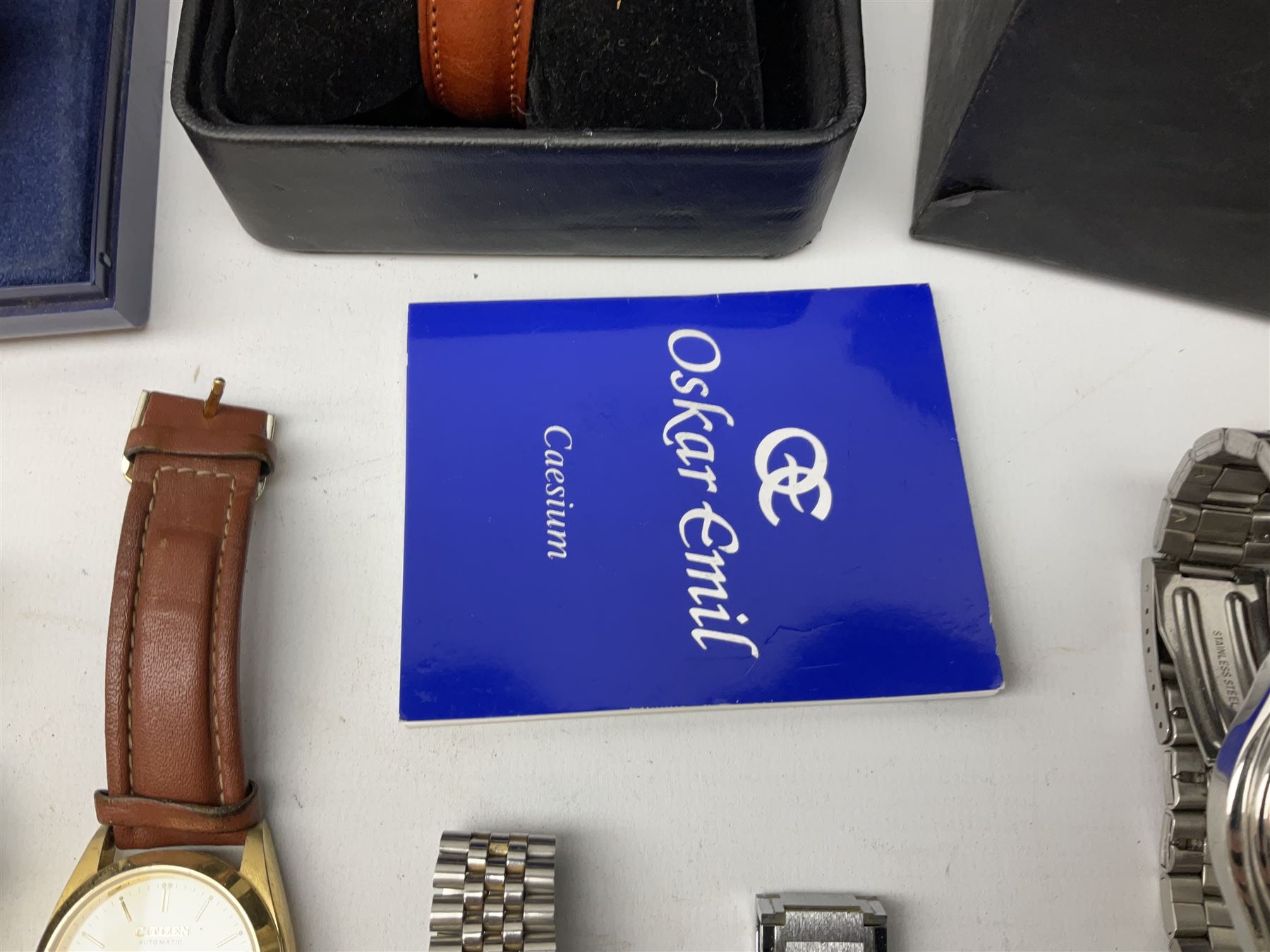 Collection of wristwatches including Accurist World Time chronograph quartz, Lorus chronograph 100m stainless steel quartz, Oskar Emil Torrini, two Citizen automatics, Seiko ladies Vivace, Titus, Limit and Tissot