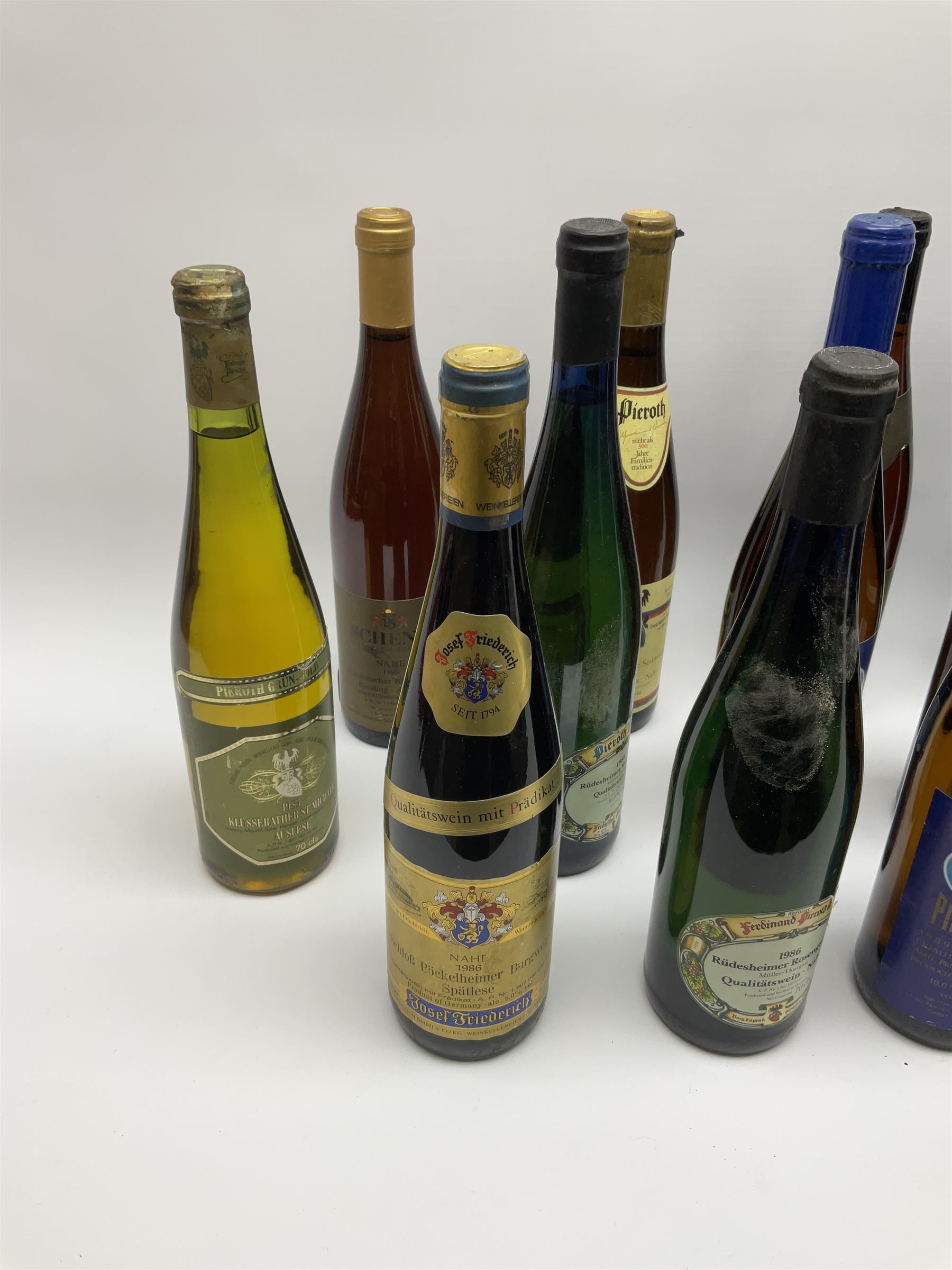 Mixed alcohol including Pieroth Blue 1988 Qualitatswein Nahe 750ml, 10%Vol, Ferdinand Pierroth 1986 Qualitatswein Nahe 70cls etc, various contents and proofs, 25 bottles