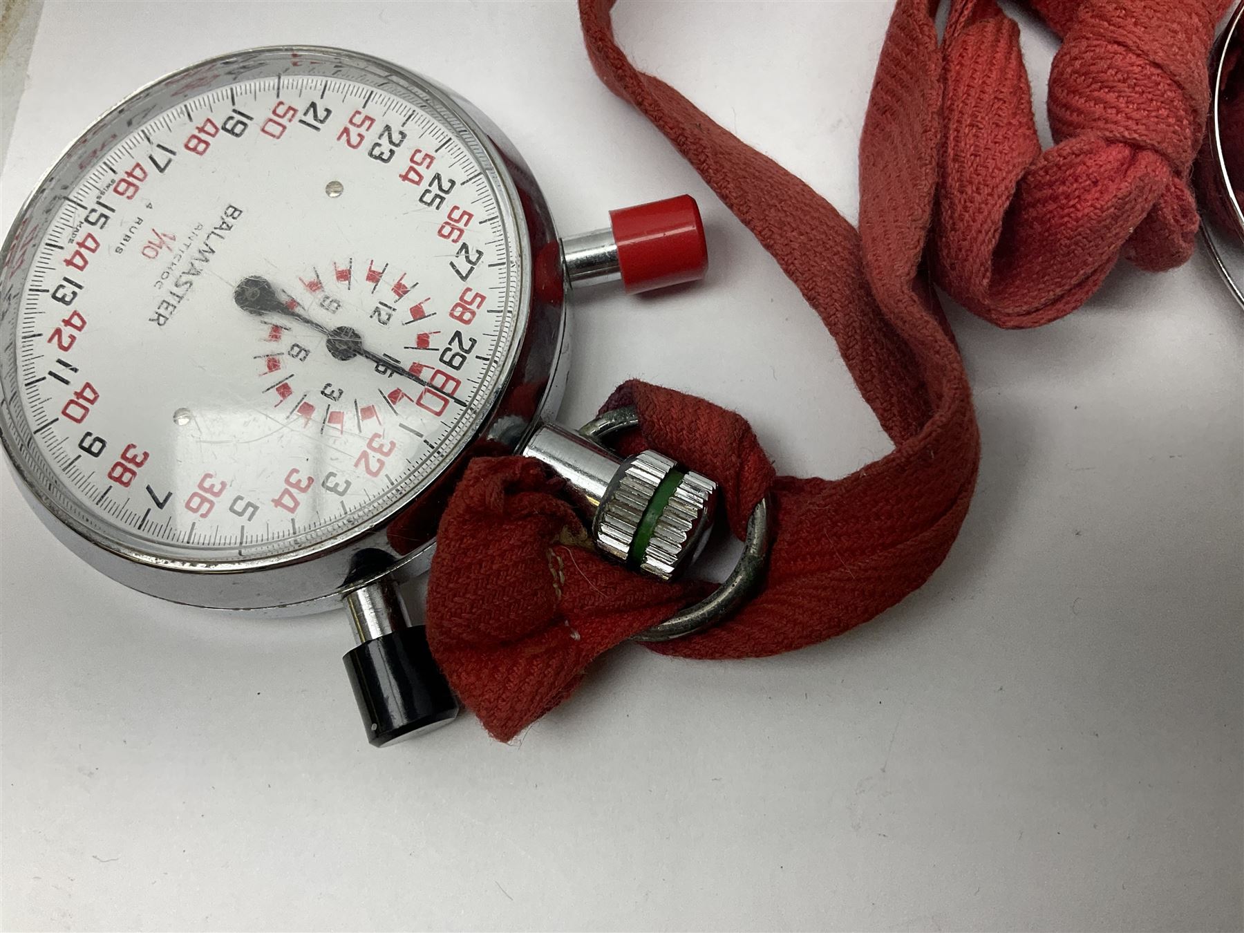 Nero Lemania - Royal Air Force type military stopwatch, outer black register for 60 seconds with 1/5th seconds divisions, inner red register to 100 with 1/10 divisions, subsidiary dial recording to 30 minutes, signed and marked with Broad Arrow, case back engraved '0552/521-3169' Broad Arrow '152/70'; together with a Balmaster Antichoc 1/10 4 Rubis stopwatch (2)