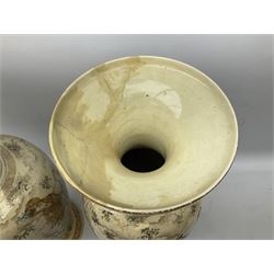 Pair early 20th Century Japanese floor vases of ovoid form, painted with warriors and elders within geometric designs and gilding, H61cm