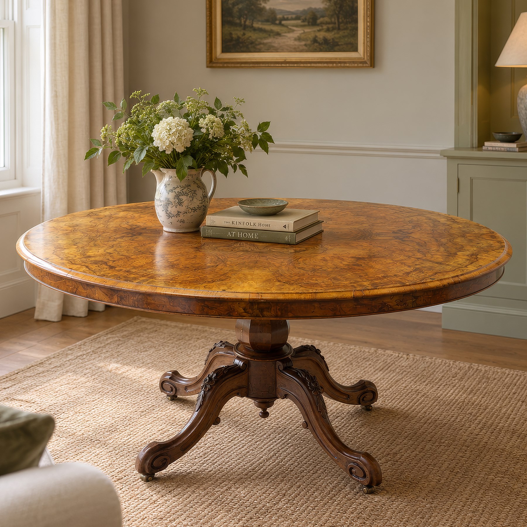 Victorian figured and burr walnut loo table, oval book-matched veneer top with moulded edge, over a turned octagonal pedestal terminating to four splayed supports with flowerhead carved knees and scroll feet with castors