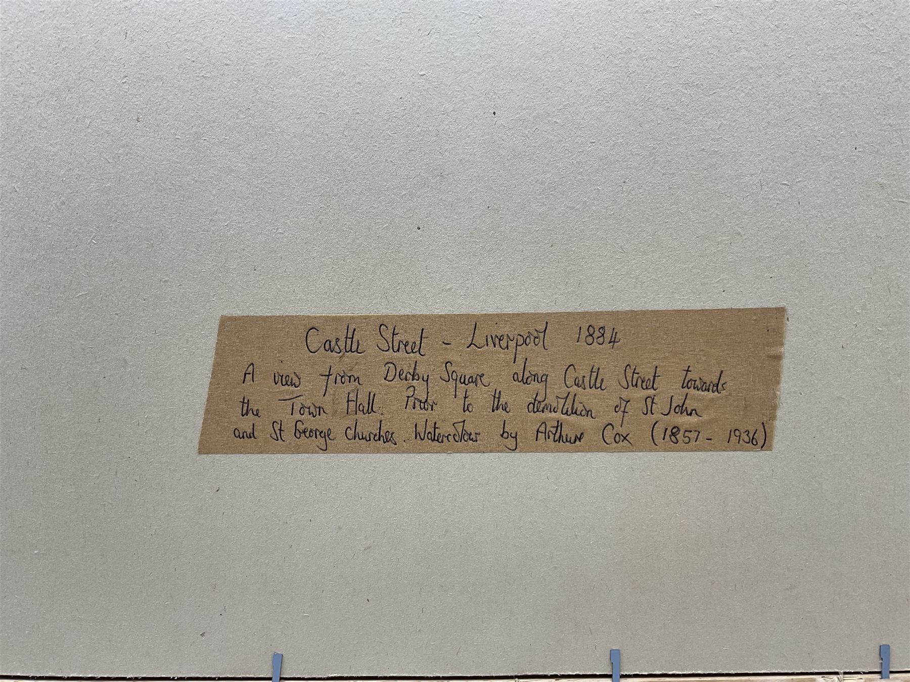 Charles Arthur Cox (British 1857-1936): 'Castle Street - Liverpool', watercolour signed and dated 1884, 32cm x 42cm 