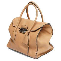 Prada - ‘Sound Lock’ satchel in Naturale Glace Calf leather, with silver-tone push-lock fastening, twin rolled handles, detachable and adjustable shoulder strap and hanging leather clochette, with original product tag, authenticity cards and dust bag