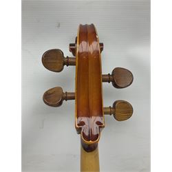Two student half-size cellos - Boosey & Hawkes Artia with 65cm one-piece back and spruce top; bears maker's label; L104cm overall; and Romanian with 65.5cm two-piece maple back and ribs and spruce top; bears label; L108.5cm overall; each in soft carrying case with two bows (2)