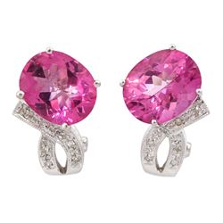 Pair of 14ct white gold oval pink sapphire and round brilliant cut diamond pendant stud earrings, stamped