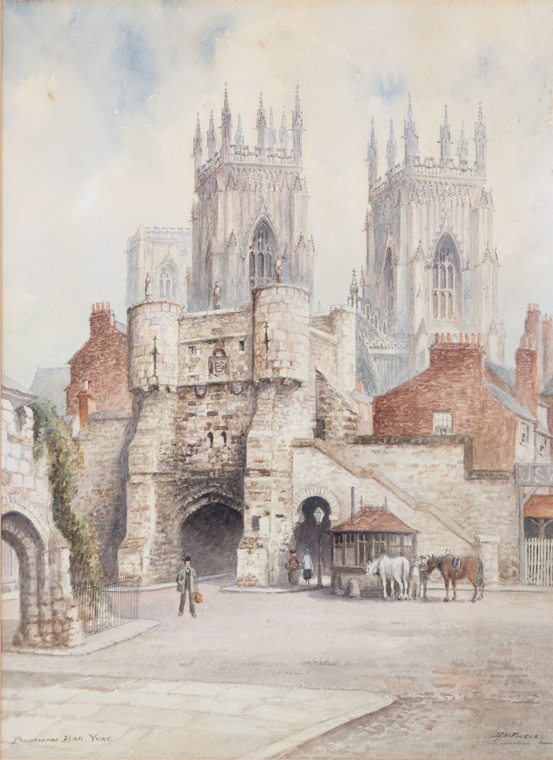 Albert Henry Findlay (British 1880-1975): 'Bootham Bar - York', watercolour signed and titled, 37cm x 27cm; together with a circular oil depicting Wollaton Hall, D21cm (2)