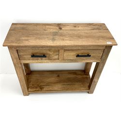 Contemporary hardwood side table, two drawers and under tier