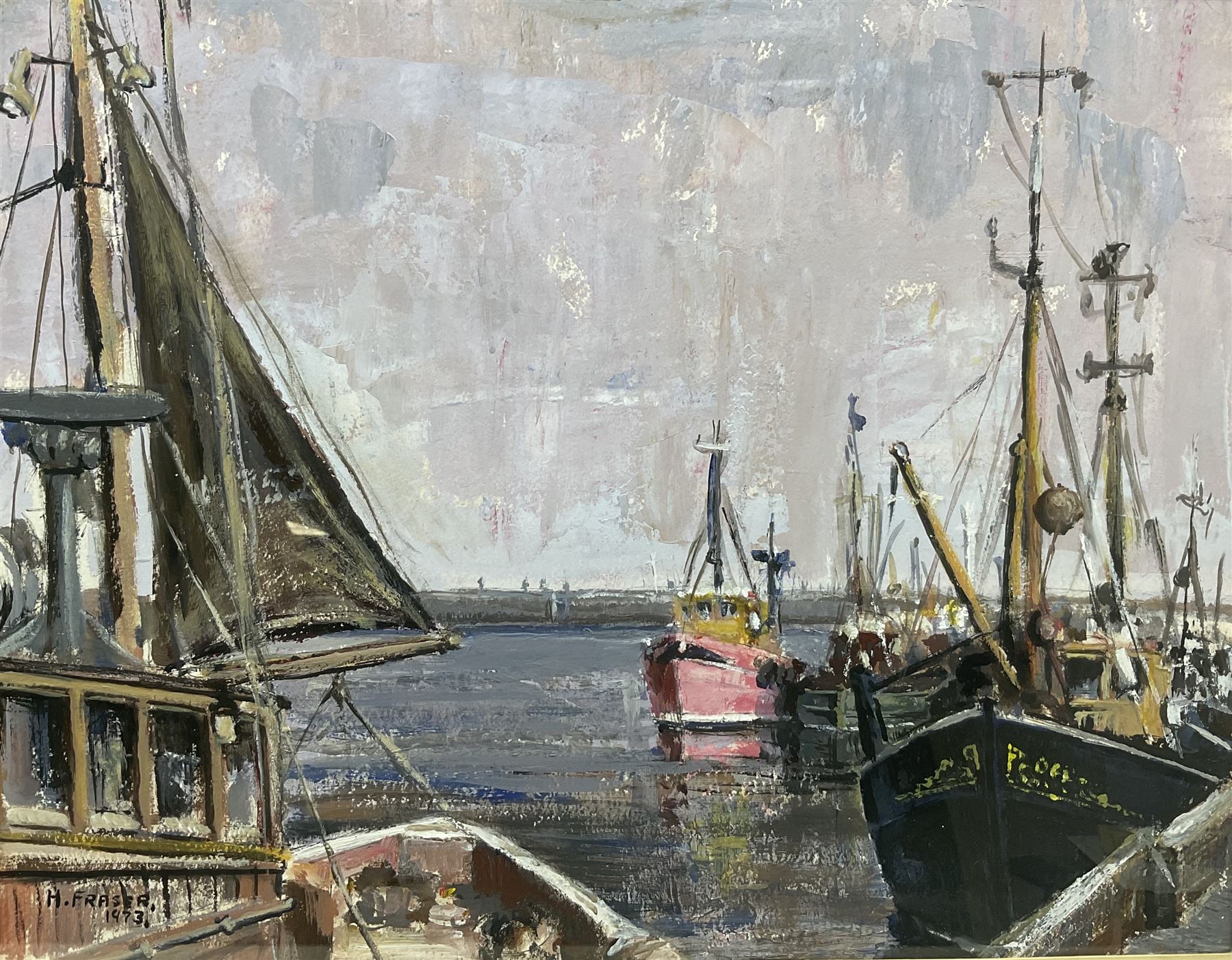 Hector Fraser (British 1919-2013): 'Fishing Boats - Bridlington', gouache signed and dated 1973, titled verso 35cm x 45cm 