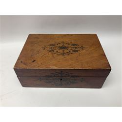 Walnut dressing table box, set with mother of pearl cartouche, opening to reveal a compartmentalised interior with mirror, covered in parts in purple velvet, together with a smaller jewellery box with stencil print, dressing table box H15cm