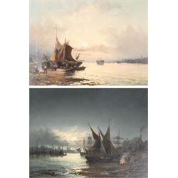 William Anslow Thornley (British fl.1858-1898): 'Sunrise - Gravesend from Tilbury' and 'Moonlight - The Medway before Rochester', pair oils on canvas signed, original title labels verso 25cm x 35cm (2) 
Provenance: with the Kenulf Gallery, Winchcombe, labels verso