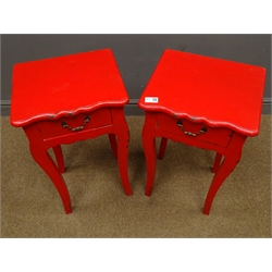  Pair French style red painted bedside stands, single drawers, W35cm, H65cm, D30cm  