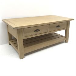 Rectangular oak coffee table with two through drawers and undertier, 121cm x 60cm, H49cm