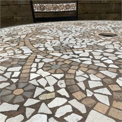 Mosaic and black metal circular garden table and four chairs