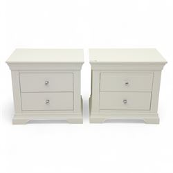 Coxwold Company - pair of white painted jumbo bedside cabinets, with two deep drawers and chrome knob handles,  shaped apron base