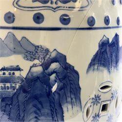 Pair of Chinese blue and white garden stools, decorated with pagodas a landscape, H40cm 