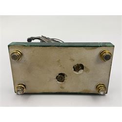 Modern silver model of a rearing horse, with ornate parcel gilt saddle and bridle, mounted upon a rectangular base, decorated with malachite panels to each side and upon four gilt bun feet, horse stamped 925, overall H14.5cm