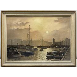 Don Micklethwaite (British 1936-): Scarborough Harbour at Sunset, oil on canvas board signed 34cm x 49cm

