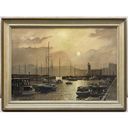 Don Micklethwaite (British 1936-): Scarborough Harbour at Sunset, oil on canvas board signed 34cm x 49cm

