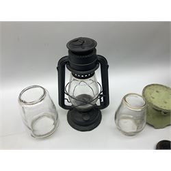 Chalwyn Tropic oil lamp, together with additional glass for Chalwyn lamps and vintage green painted metal Siddons kitchen scales with weights