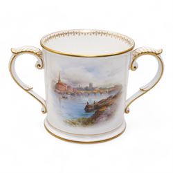 Early 20th century Royal Worcester loving cup, circa 1906, painted with a view of the River Severn and flowers to the reverse, H13cm, Grainger & Co. Worcester twin handled vase, the oval body painted in the Aesthetic style with ferns and grasses in gilt, against a cobalt blue ground, with scrolled handles and quatrefoil foot, H17cm (2)