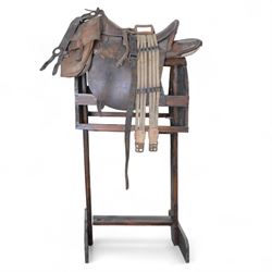WWI French cavalry 17'' saddle, model 1916, with leather saddle bags, stirrups, girth and bit  
