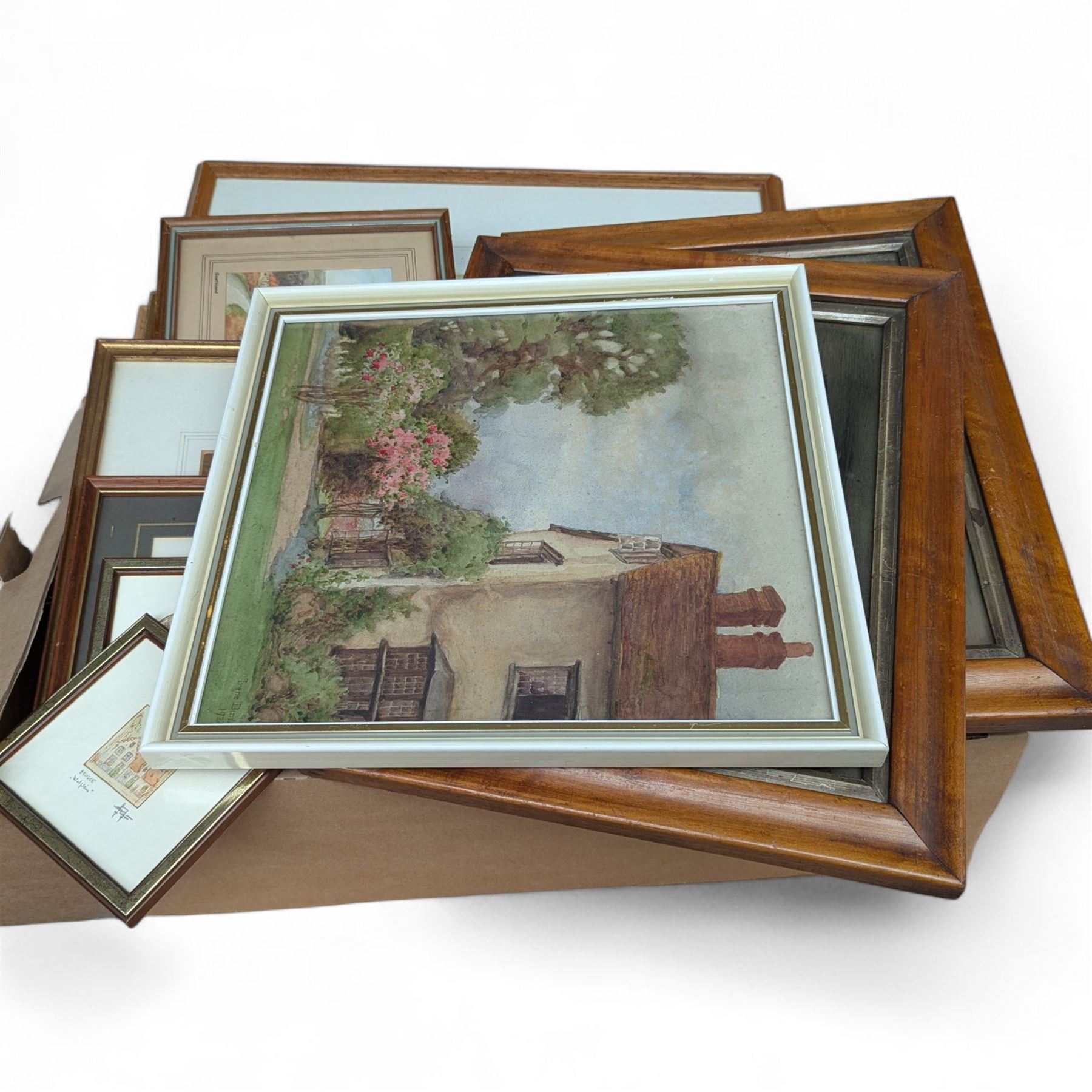 H E Downing watercolour of Chester; S Wagstaff pair of watercolours; Irene Dunlop cottage watercolour together with watercolour of ducks and others (one box)