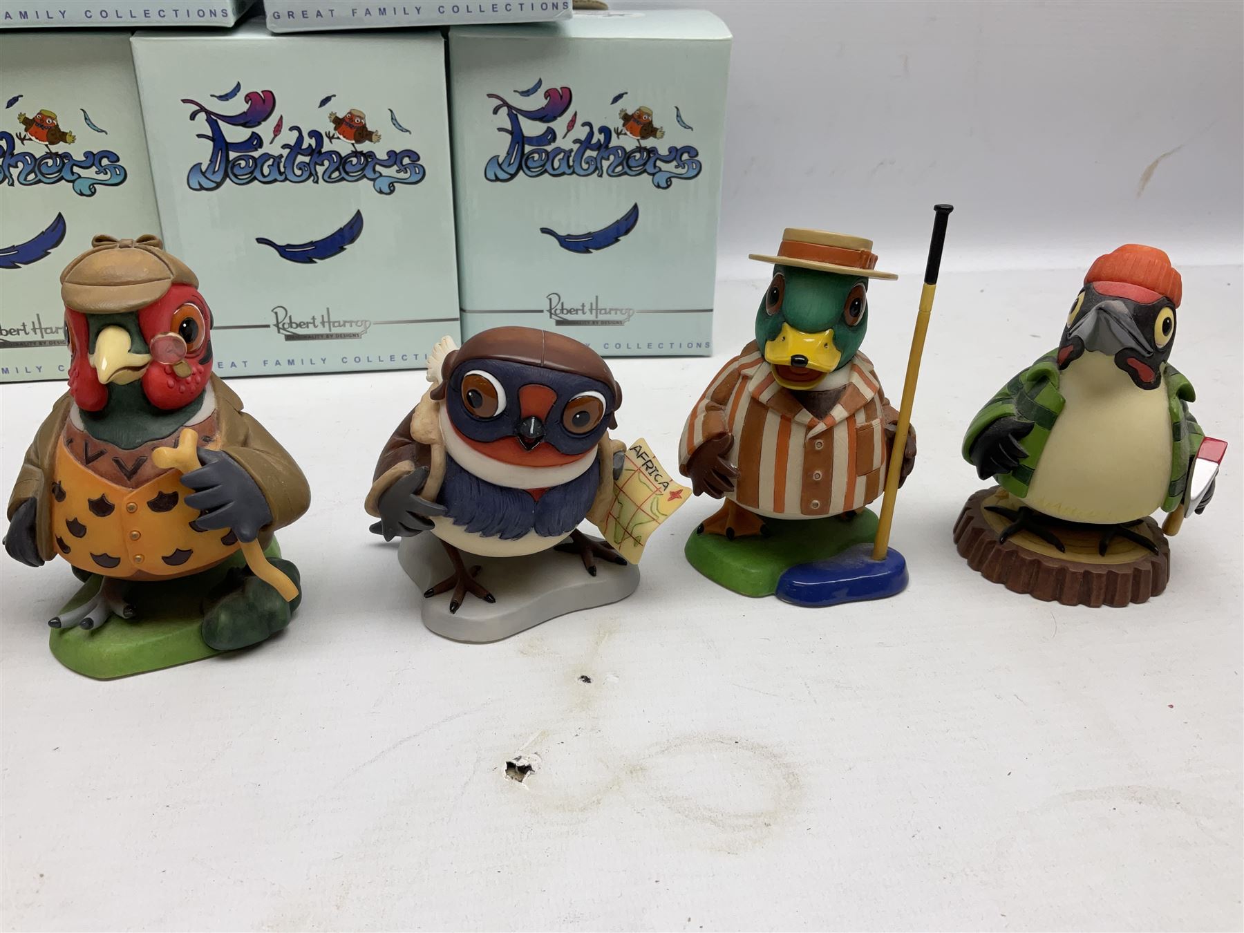 Seven Robert Harrop figures from the Feathers collection, modelled as anthropomorphic birds comprising Blue Tit Milkman, Mallard Boatman, Pheasant Lord of the Manor, Owl School Master, Woodpecker Forester, Swallow Aviator and Seagull Fisherman, all with original boxes