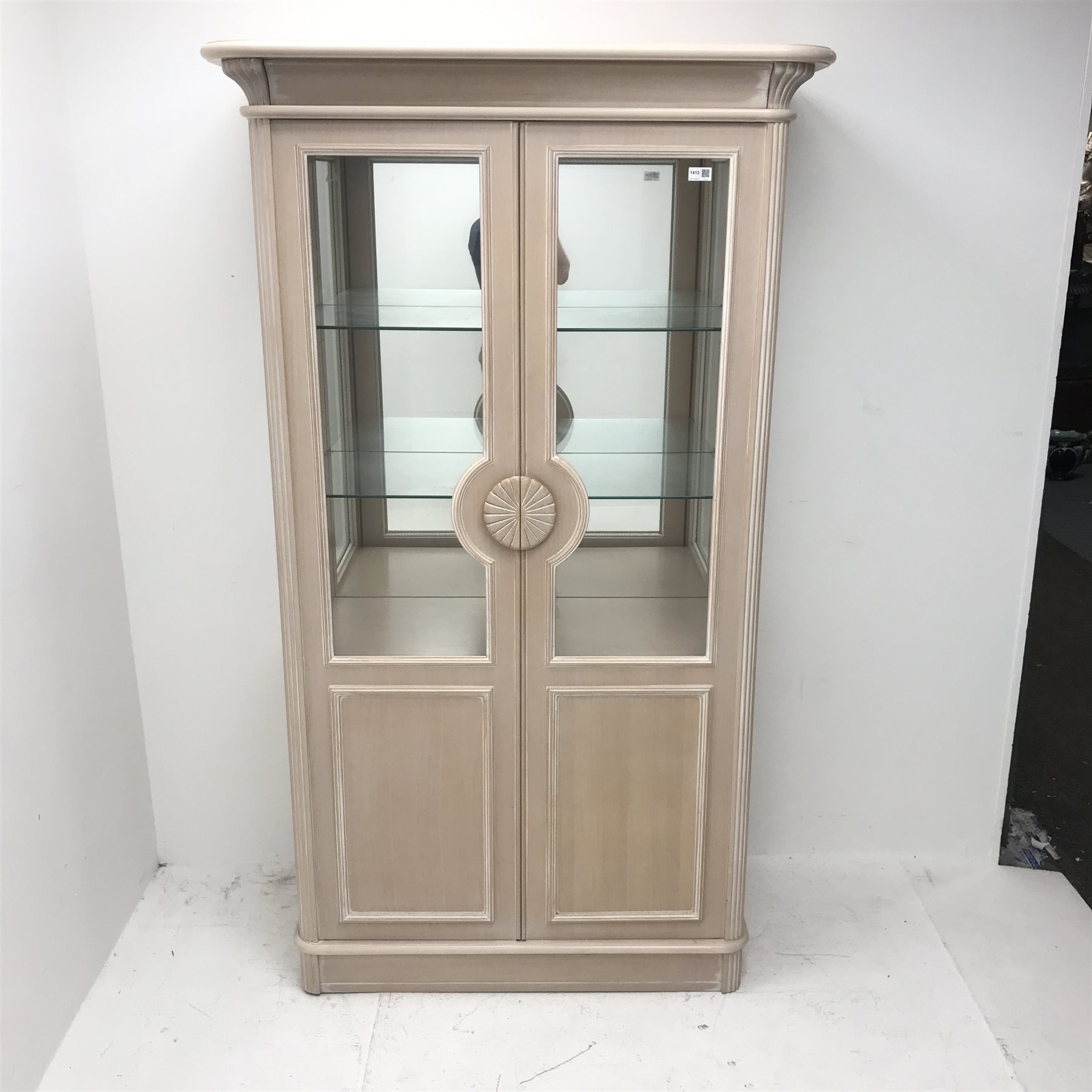 French style limed oak finish display cabinet, two doors enclosing two glazed shelves, with illuminated interior, plinth base, W106cm, H180cm, D50cm