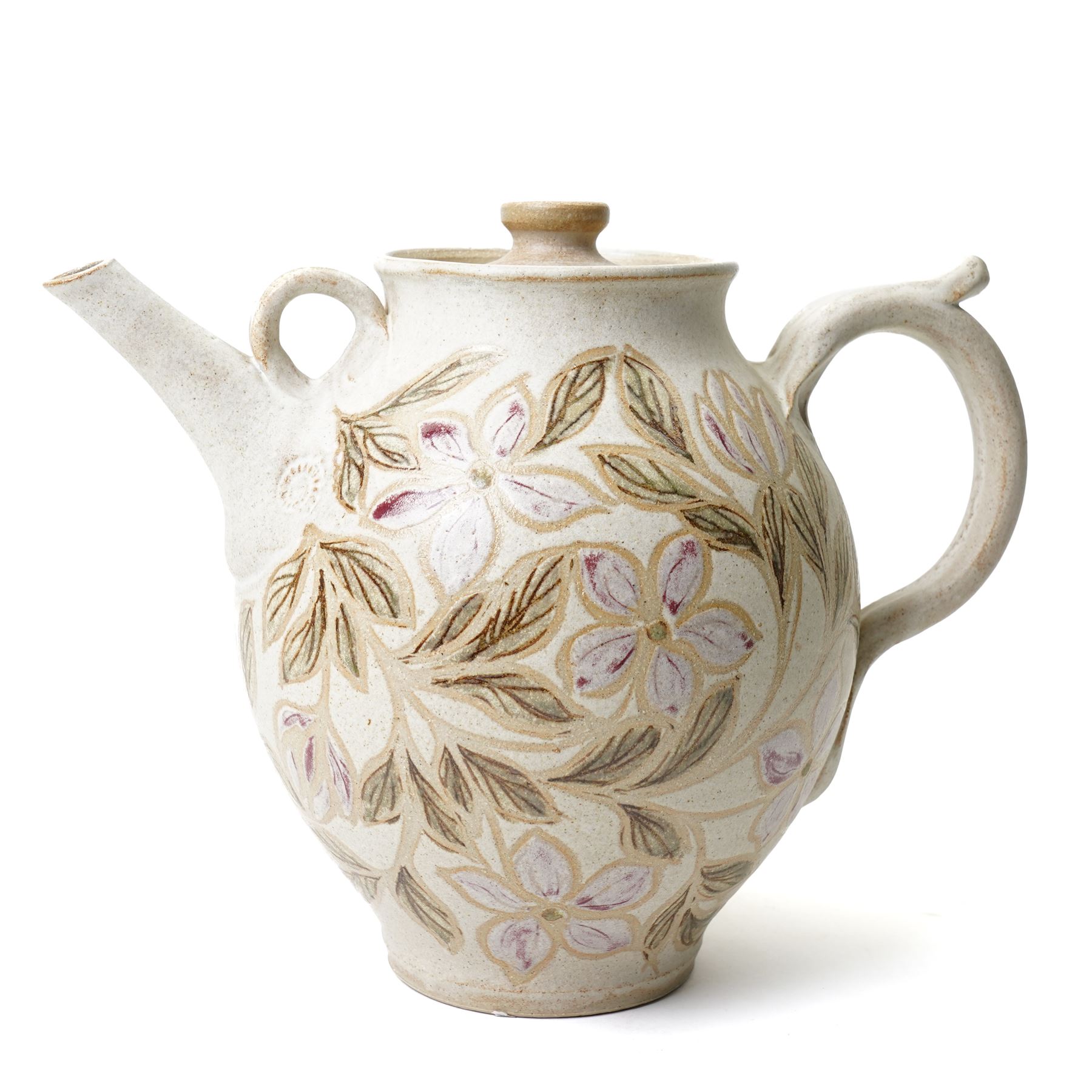 John Egerton (c1945-2024): studio pottery teapot, decorated with foliage and flowers on a cream ground, with impressed ammonites to the handle and spout, marked beneath, H28cm