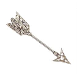 Early 20th century milgrain set rose cut diamond arrow brooch, with detachable gold and platinum feather