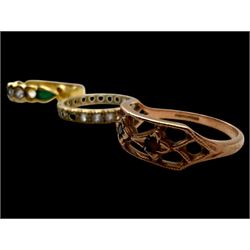 18ct gold stone set ring, 9ct rose gold ring and a 9ct paste set eternity ring