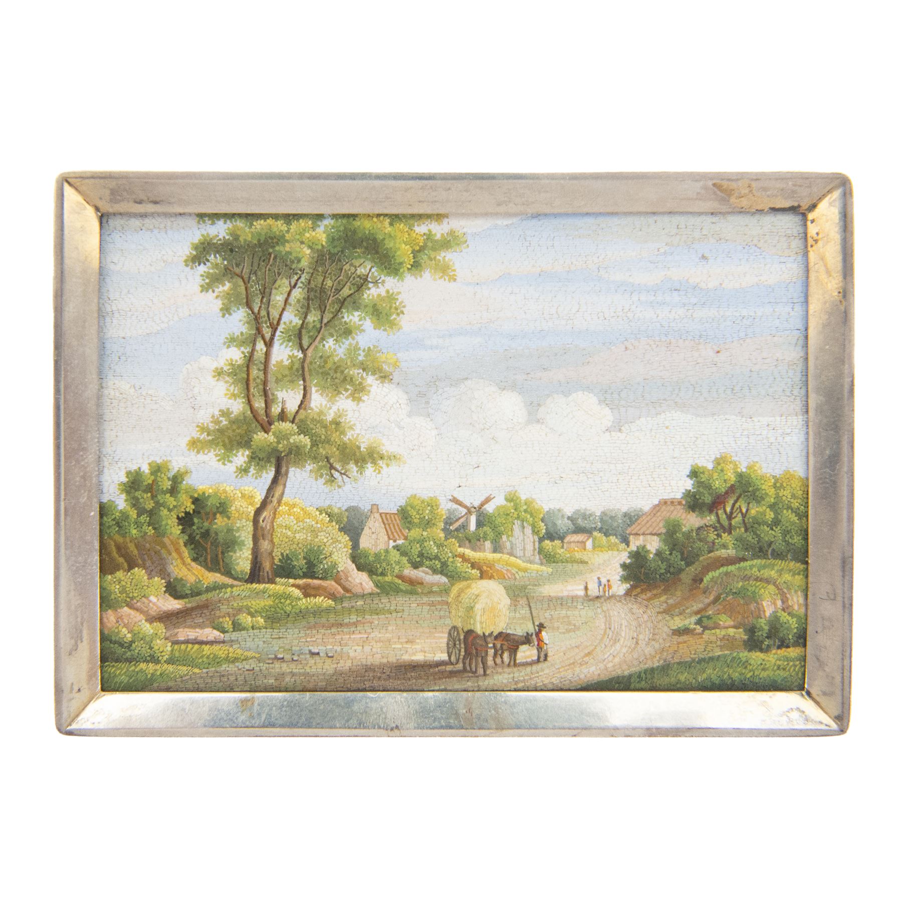 Italian Grand Tour micromosaic plaque, of rectangular form, depicting a rural landscape with figures and horse-drawn cart walking a lane towards dwellings and windmill in the distance, within silver frame, micromosaic 8cm x 5.5cm, including frame 9cm x 6.5cm
