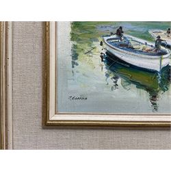 J Guido (Italian 20th Century): Moored Boats, oil on canvas signed 17cm x 23cm 