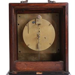 Henry Marc of Paris -  mid 19th century 8-day Pendule d'officier campaign clock in a rosewood veneered case with contrasting floral and leaf inlay and ebonised moulding, rectangular case with a brass carrying handle and sliding glass panel to the silvered sheet dial, chapter ring with Roman numerals, minute track and steel trefoil hands, with a single train timepiece movement and silk suspension. With pendulum and key. 