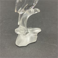 Three Swarovski Crystal bird figures, comprising Toucan, pair of puffins and pair of parrots on a branch, tallest H10cm