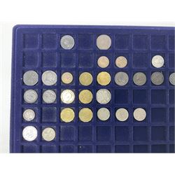 Commemorative, fantasy and other coinage, including George II 1754 farthing, George III 1773 farthing, cartwheel penny and cartwheel two pence, Queen Victoria Canada 1886 twenty five cents, various commemorative crowns etc, housed in three blue coin trays