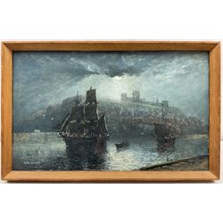 Richard Weatherill (British 1844-1913): Ships leaving Whitby Harbour by Moonlight, oil on board signed 23cm x 37cm