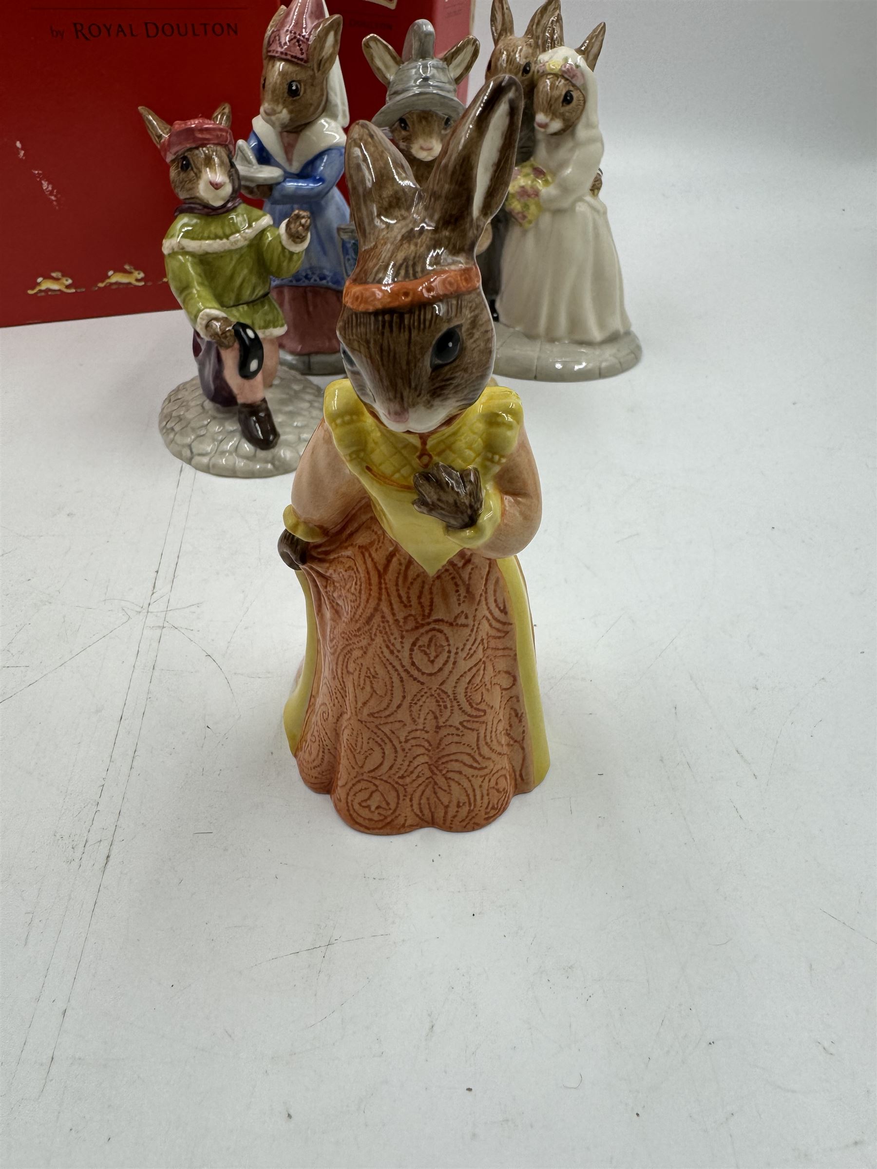 Five Royal Doulton Bunnykins comprising Sundial, Wedding Day, Gladiator, Romeo and Juliet 