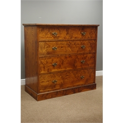  19th century pitch pine veneered chest, two short and three long drawers, on plinth base, W123cm, H121cm, D61cm  