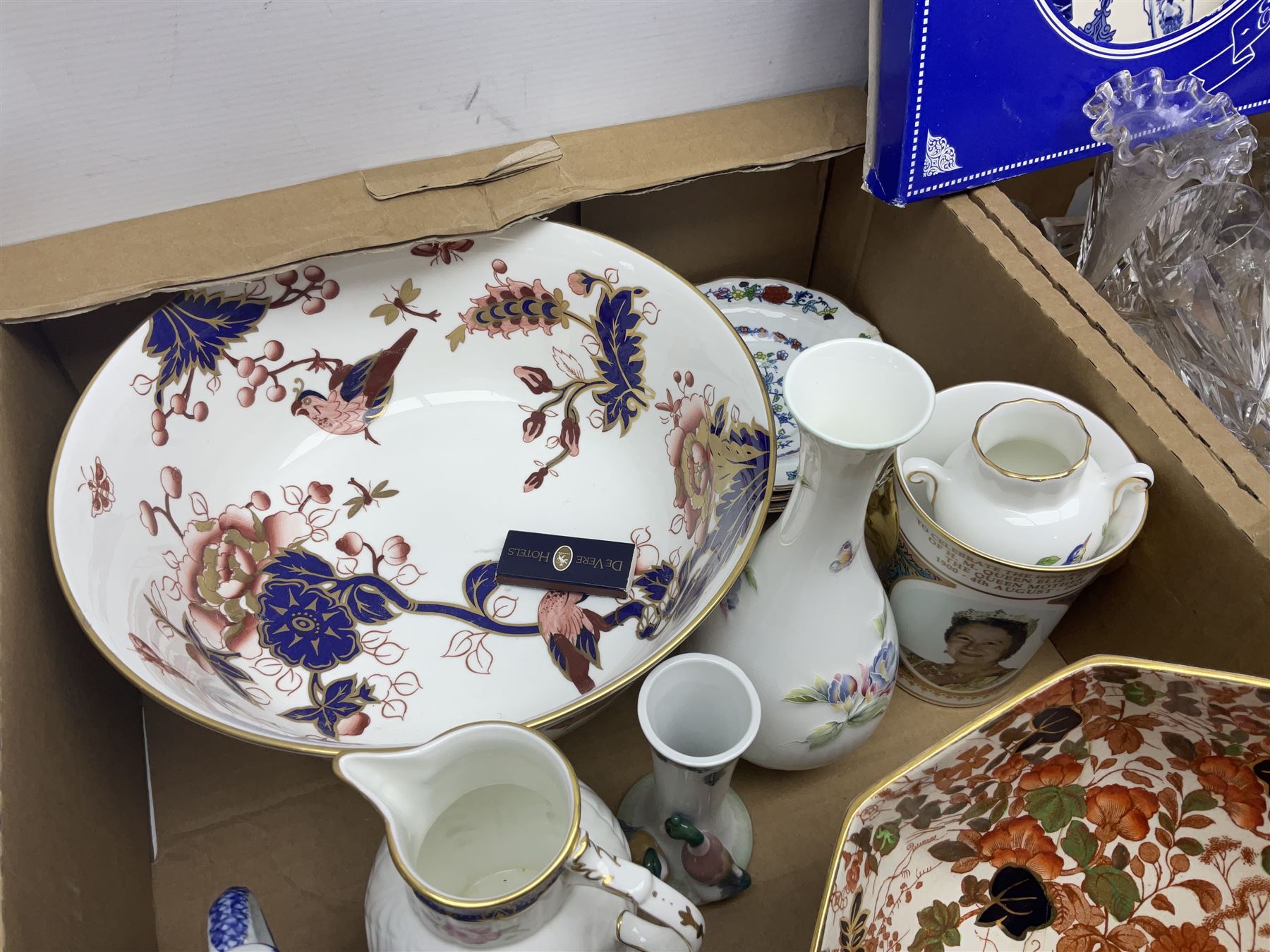 Large Coalport bowl in Hong Kong pattern, together with Coalport mask-head jug, Baccarat glass vase, and other glassware and ceramics, in three boxes 