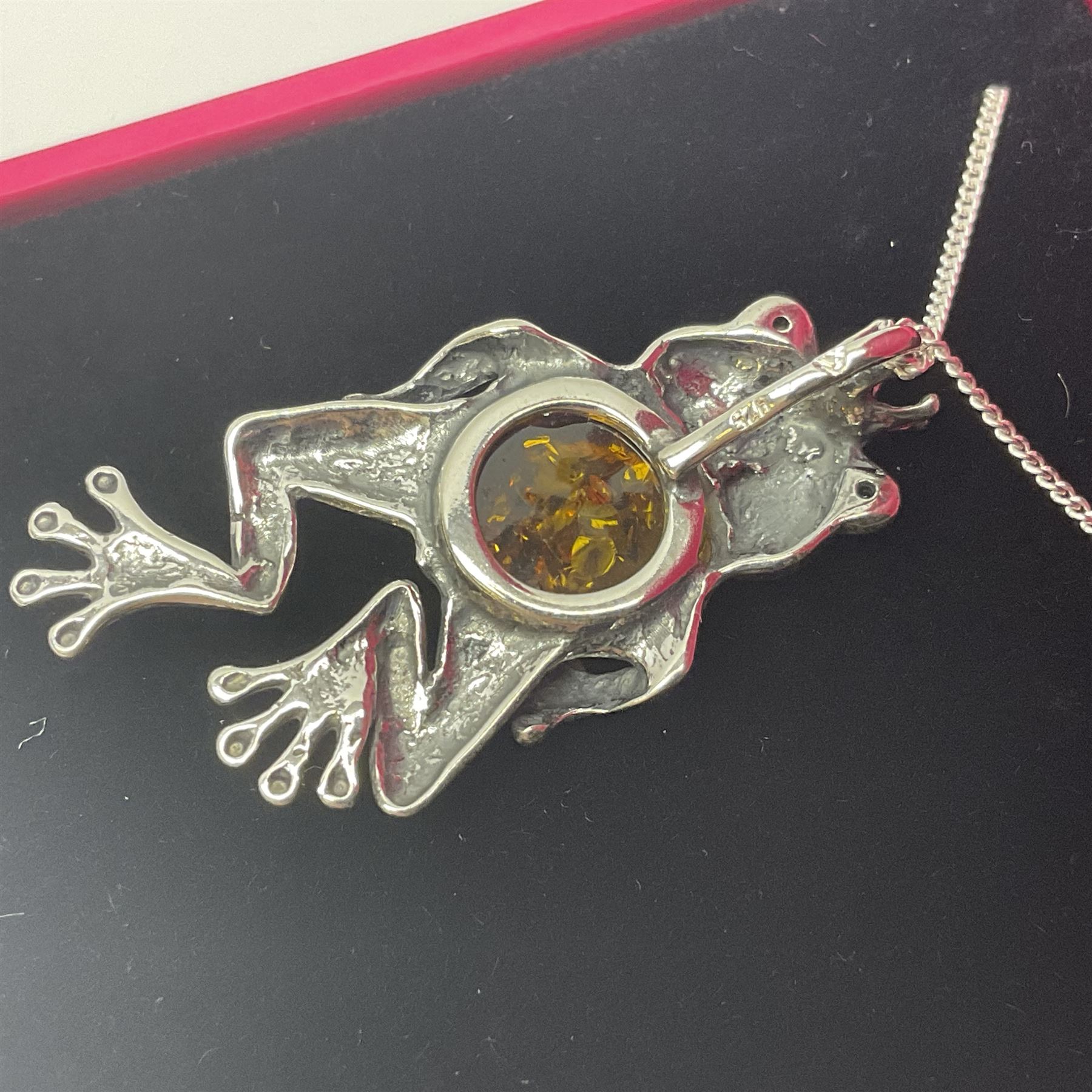 Silver Baltic amber frog prince pendant necklace, stamped 925 