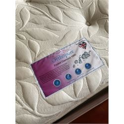 Rococo style 6' Super Kingsize bed, ornate shaped and floral design in wood finish, upholstered buttoned headboard, decorated with scrolled foliate and flower heads, together with mattress