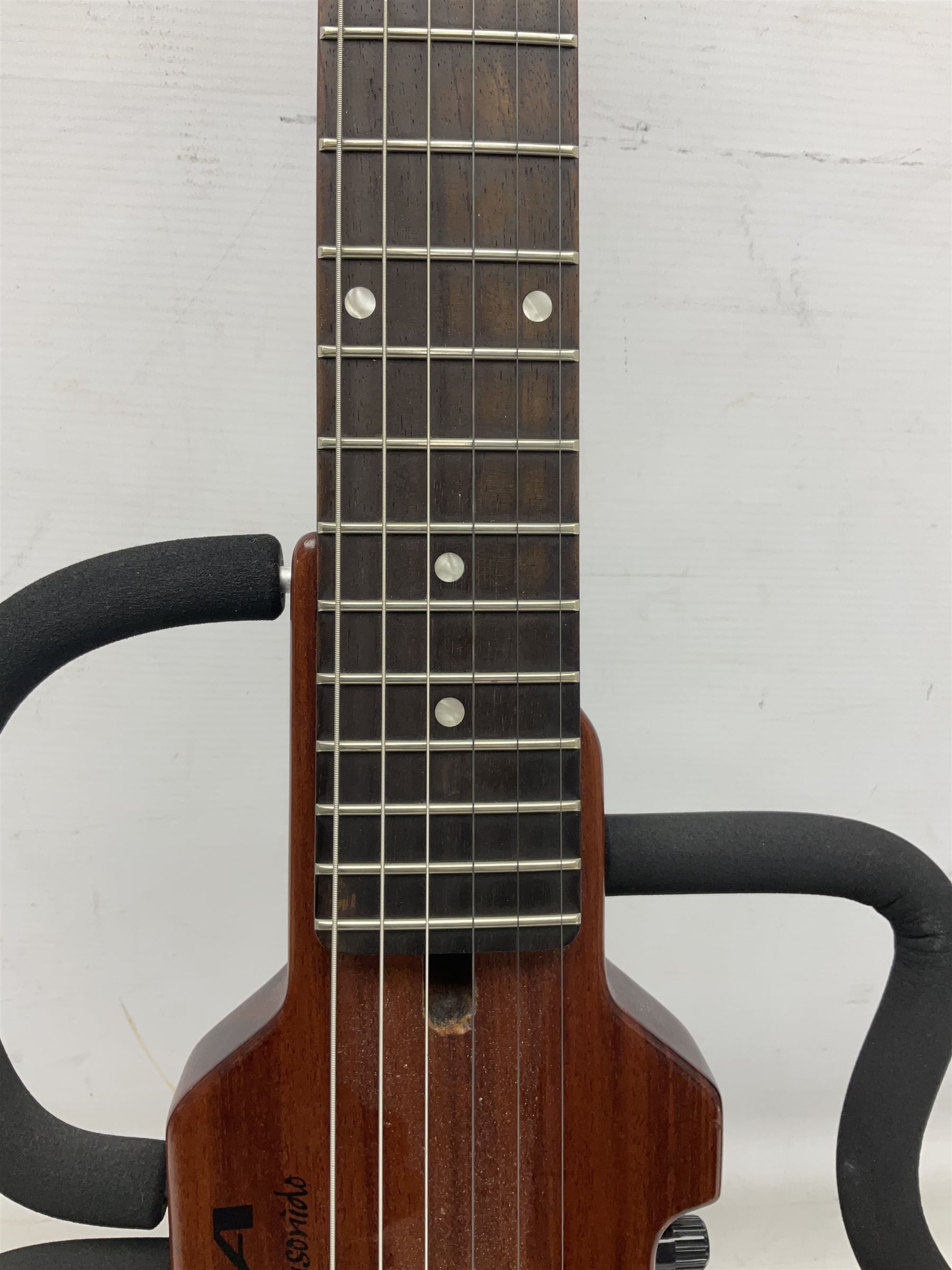 Aria Sinsonido mahogany electric travel guitar, serial no.0502385 L86cm; in original gig bag with earphones and GM11 Minituner; together with Fender Sidekick Reverb 25 amplifier and Marshall MG Series 15DFX amplifier (3)