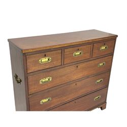 Georgian military type campaign chest, narrow rectangular top over three short and three long drawers, recessed brass handles, on bracket feet
