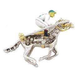 18ct gold diamond and enamel jockey brooch by Alabaster & Wilson, the galloping racehorse with pave set single cut diamonds, the jockey with green and white star colours, Birmingham 2004