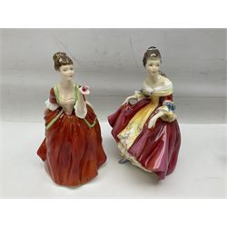 Five Royal Doulton figures, comprising Flower of Love HN3970, Emily HN3688, Southern Belle HN2229, Helen HN3886 and My Love HN2339, all with printed mark beneath, some with boxes, together with a Royal Doulton Figures reference book by D Eyles and R Dennis