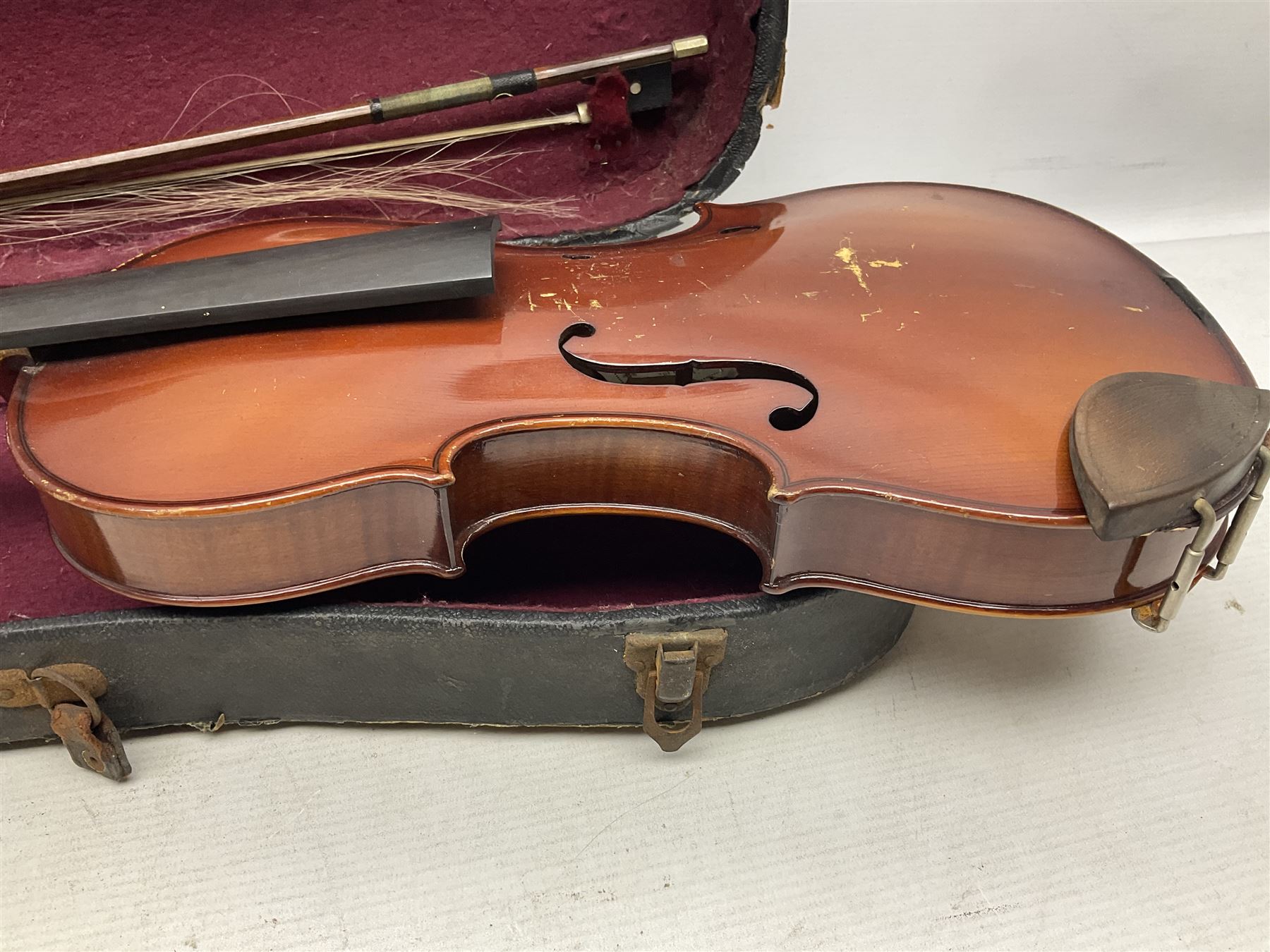 German trade violin 1950s with 36cm two-piece maple back and ribs and spruce top, bears label 'Johann Stainer in Absam prope Oenipontum 1650' L59cm; in carrying case with bow impressed Tourte